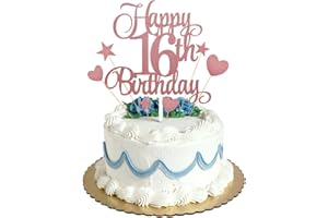HONGP 16th Happy Birthday Cake Topper Rose Gold Glitter,Personalised Cake Toppers for Men Boys Women Girls Birthday Party Cake Decorations Kit with Star Heart Cupcake Topper