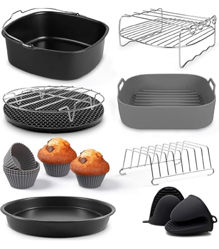 6 Accessori Per Friggitrice Ad Aria - Teglia 22cm, Griglia, Spiedini - Per Ninja, COSORI, Cecotec - Foto 7