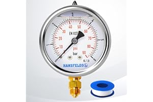 Hansfelds pressure gauge liquid filled100mm*1/2"BSP,lower mount steel case glass window, brass internal and connection dual scale bar/psi, accuracy 1.6 (100mm Radial llena de glicerina, 0-6 bar)
