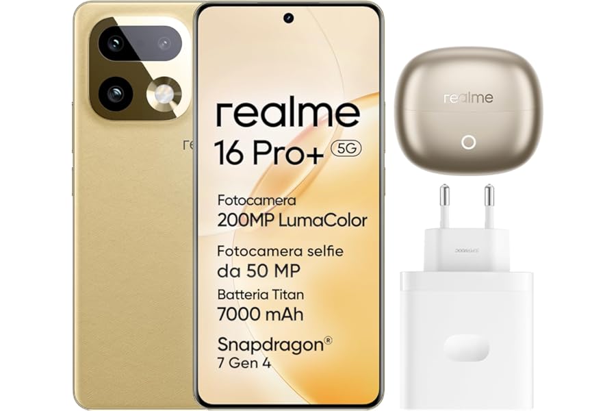 realme 16 Pro+ 5G Smartphone, 8GB+256GB, Curved AMOLED Display 144Hz 6.8", Battery 7000mAh, Camera 200MP OIS, IP69K, Quick Charge 80W, Dual SIM, Next AI, Gold (with Adapter)