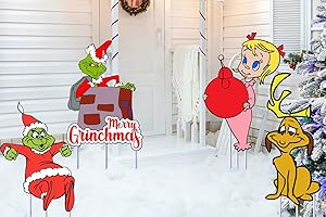 VAWCORNIC Grinch 4 pièces de très grande taille Signes de Jardin de Noël avec des enjeux pour Les Vacances Pelouse - Décorations de Vacances de Noël en Plein air