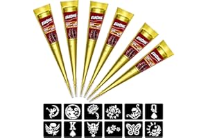 ‎EOPUOZS EOPUOZS TemporaryTattoo Ink, Hennapaste, 6x 25g Natürliche Henna Kegel Braun mit 12 Tattoo Schablonen, Temporäre Tätowierung, Tattoo Sticker