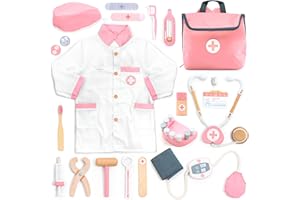 UMU® Maleta médica niños Juego de Madera con Bata, Estetoscopio, Accesorios dentales y más, Caja de doctorado Juguetes para Juegos de rol, 20 Piezas Set médico para niñas a Partir de 3, 4, 5 años