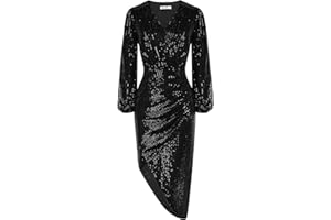 GRACE KARIN Sequined Bodycon Dress for Women UK V-Neck Long Sleeve Irregular Hem Party Cocktail Midi Dress