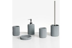 Badrumstillbehör Set 5-Delar Tvålkopp Tvålpump Tandborsthållare Mugg Toalettborste Polyresin Ljusgrå Camana