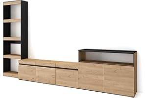 Skraut Home | Muebles de Salón para TV | Conjunto de Muebles Comedor | 310x186x35cm | para TV hasta 65" | Mueble Televisión | Estilo Moderno | Roble y Negro