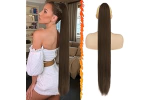 BARSDAR Long Straight Ponytail Extension, 34 Inch Drawstring Brown Ponytail Hair Extensions Synthetic Clip in Pony Tails Hairpieces Fake Ponytails for Women Girls Daily - Chestnut & Chocolate Brown