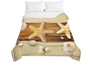 Surwin Embossed Quilted Bedspread for Single Double Super King Bed, 3D Starfish Beach Printed Quilted Bedspreads, All Season Lightweight Microfiber Quilt Bed Throw (Sand,150x200cm)