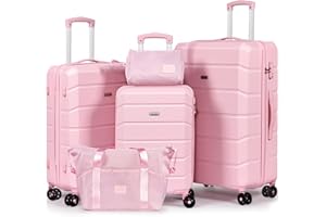 H.YEED Luggage Sets of 5 Piece, Lightweight Trolley Travel Suitcase Set ABS Hard Shell with 4 Spinner Wheels TSA Lock for Man Women, 21" + 24" + 28"+ Duffels Bag & Toiletry Bag (Pink, 5 Piece Set)