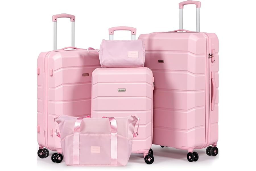 H.yeed Luggage Sets of 5 Piece, Lightweight Trolley Travel Suitcase Set ABS Hard Shell with 4 Spinner Wheels TSA Lock for Man Women, 21" + 24" + 28"+ Duffels Bag & Toiletry Bag (Pink, 5 Piece Set)