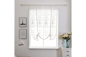 Qucover Visillo Corto translucido para Ventanas,Cortina Gasa Romana Blancas（Anchura 60cm y Altura 120cm）,Cortina del Voile Cocina con Bordado Floral para cafetería,Restaurante