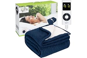 TOPS Electric Blanket, Heated Throw Blanket 160 x 130cm, 20-48℃ Heat Settings, 1-12 Hours Auto-off Timer, Warm Sherpa Double Bed Warmer, Overheat Protection, Machine Washable