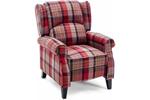 More4Homes EATON WING BACK FIRESIDE CHECK FABRIC RECLINER ARMCHAIR SOFA CHAIR RECLINING CINEMA (Red)