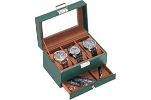 ProCase Pudełko na zegarki z 3 przegródkami, skrzynka na zegarki ze szklaną pokrywką, walizka na zegarki z wyjmowanymi poduszkami na zegarki, pudełko na zegarki, prezent na Dzień Ojca, kolor zielony