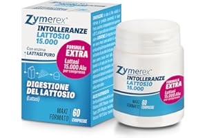 Zymerex INTOLLERANZE LATTOSIO 15.000 | 60 compresse | Digestione lattosio | Enzima Lattasi PURO | Confezione risparmio | Senza glutine e lattosio