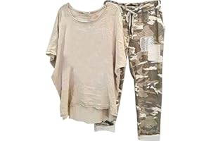 HAOLEI Tuta Lino Donna Estiva Abbigliamento Donna Estivo Leggera Pigiama Casual Completo Larghi Curvy Tuta Elegante Manica Corta T shirt + Pantaloni Lino Set Due Pezzi Abbigliamento Donna Offerte