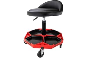 HASKYY Taboret warsztatowy z oparciem z regulacją wysokości, 43-58 cm, nośność do 150 kg, siedzisko warsztatowe z przegródkami do przechowywania, stołek do ćwiczeń i warsztatu, z kółkami 360°