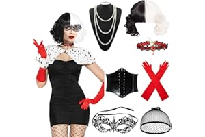 KITIMI Cruella kostium damski, kostium karnawałowy, akcesoria w stylu lat 70., peruka, czarno-biała peruka z koronką, rękawiczki, naszyjnik z pereł, pasek na karnawał, kostium Cosplay Crulla Costume