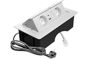 GTV – Gniazdo do zabudowy MULTISOFT białe z 2 x Schuko, USB A+C, RJ45, wpuszczane z pokrywą, kabel 1,5 m, idealne na biurko, stół konferencyjny lub blat kuchenny