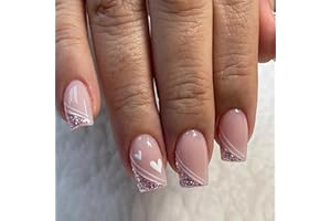 TMUT 24pcs Square False Nails French Tip Short Stick on Nails Glitter Pink Press on Nails with Heart Removable Glue-on Nails Full Cover Fake Nails Women Girls Nail Art Accessories