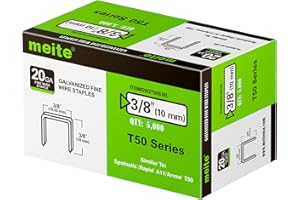 meite T50 grapas, grapas resistentes de 3/8 pulgadas para pistola de grapas, calibre 20 3/8 pulgadas de corona galvanizada para tapicería grapas grapas (5.000 unidades)