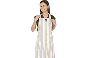 ENCASA XO Encasa Homes Grembiule da Cucina Regolabile con Tasche e portasciugamani - 68x85 cm - Cotone Riciclato Ecologico, per la casa e Il Ristorante, Uomini e Donne, Cottura - Franca Righe Beige