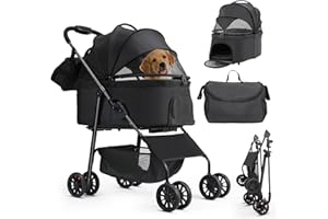 MAMIZO Passeggino per cani 3 in 1, fino a 30 kg, 4 paia di ruote doppie a 360°, con una borsa a tracolla, pieghevole per cani di piccola taglia e media, nido per animali domestici, Nero