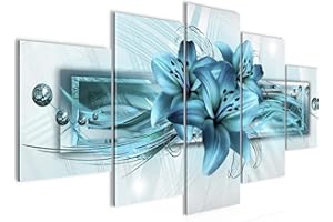 Runa Art Tableau mural Lis Fleurs 5 Parties Impression sur Toile Intissee Decotation Salon Abstrait Turquoise 008752a