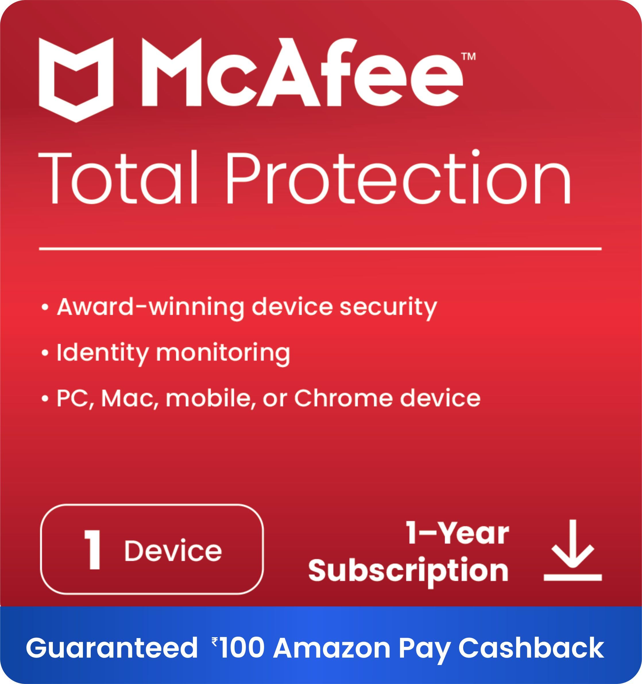 McAfee Total Protection 2023| 1 Device, 1 Year | ?100 Cashback On Amazon Pay | Antivirus Internet Security Software | Pc/Mac/