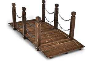 GOPLUS Pont de Jardin en Bois,Pont de Pièce d’Eau, Pont de Jardin en Bois de Pin, Ancien Pont de Paysage,Pont Décoratif pour Jardin Piscine Extérieure, 150 x 67 x 55CM (Marron avec Chaînes)