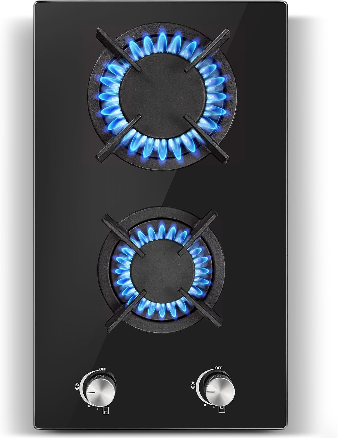 SNDOAS 2 Burners Gas Hob, Black Glass Gas Hob Flame Failure Protection, NG/LPG Convertible, Cast Iron Pan Support, 30cm, 2400 W/1800 W