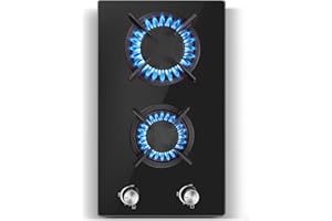 SNDOAS 2 Burners Gas Hob, Black Glass Gas Hob Flame Failure Protection, NG/LPG Convertible, Cast Iron Pan Support, 30cm, 2400 W/1800 W