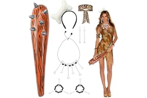 BEIPEGIN 7Uds Disfraz Cavernicola Adulto Niño, Inflable Caveman Club Diadema Hueso Cavernícola Collar Huesos y Pulsera Pendientes Diadema de Leopardo, Disfraz Troglodita Accesorios para Halloween Carnaval