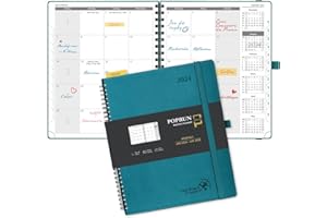 POPRUN Agenda Mensuel 2024 2025 Spirale Scolaire - 18 Mois Planificateur Mensuel De Jan'24 à Juin'25 avec Couverture Souple en PU Cuir, Papier 100 g/m² - 26,5 x 21,5 cm, Pacifique Vert