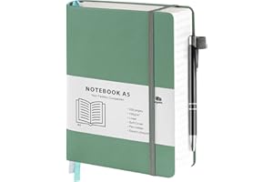 Agoer Cuaderno A5 a rayas, tapa dura, 320 páginas numeradas, diario de negocios, 100 g/m², cuaderno con bolígrafo y notas adhesivas, para oficina, escuela