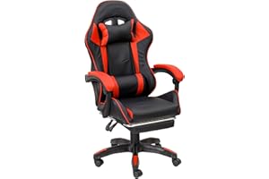 Baroni Home Chaise Gaming avec Dossier Ergonomique Inclinable et Hauteur Réglable, Chaise de Bureau avec Support Lombaire, Repose-tête Rembourré et Repose-Pieds Extractible, Rouge, 58x66x114-124 cm