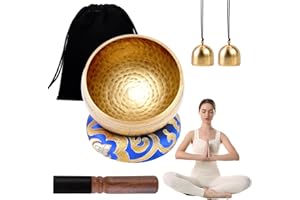 POFIBO Klangschalen Set, 8CM Tibetisches Klangschalen Handgehämmertes Meditationszubehör mit Holzklöppel Klangschalenkissen und Messingglocke, Ideal für Yoga Meditation und Entspannung