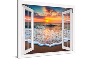 PICANOVA – Cuadro sobre Lienzo Sea Sunset Window 80x60cm – Impresión En Lienzo Montado sobre Marco De Madera (2cm) – Disponible En Varios Tamaños – Colección Playas
