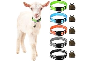 Mfsdai 5 Colliers Réfléchissants pour Chèvres avec Cloches,Colliers Ajustables en Nylon pour Moutons,Cloches pour Vaches au Pâturage pour Petits Animaux de Ferme avec Collier Anti Perte
