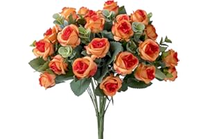 COTEMDERY 4 Bundles Artificial Orange Rose Flowers Bouquets Fake Mini Silk Roses with Eucalyptus Leaves Stems Outdoor Greenery Fall Decor for Wedding Home Office