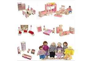 DecoBay Wooden Dolls House Furniture 4 Sets, 5 Sets, 6 Sets Bedroom, Kitchen, Bathroom and Living Room with Family Dolls (6 Sets of Rooms and 7 Family Dolls)