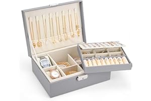 Sofore Portagioie da ragazza, a 2 ripiani, grande con 2 cuscini, in pelle PU, per orecchini, anelli, collane, orologi, bracciali, grigio scuro