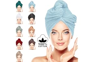 BAVIN LUXURY Hair Towel Wrap 100% Cotton, Instant Drying Lightweight Turban Cap Super Quick Absorbent Anti-Frizz Twist Toweling Dry Hat with Button Loop for Long Curly Hairs, 62CM x 23CM Light Blue Single