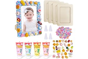 Suynauetev Bastelset Kindergeburtstag 4 Stück Holzbilderrahmen Kinder Bilderrahmen Bastelset Bilderrahmen Set Bilderrahmen Holz 14 * 19cm DIY mit 4 Cremekleber und Mini Food Zubehör für Kinder
