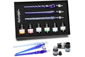 ESSSHOP 3 Glass Calligraphy Crystal Dip Pens, 6 Colorful Inks and Pen Holder Set Art Supplies for Signatures, Beginners Journaling Lettering Drawing Art Gift Decoration (Blue)
