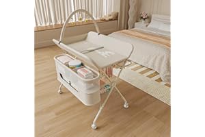 LANTUS Table à Langer Pliable, Plan à Langer 2 Tiroirs en Tissu, Panier Latéral et Tringle de Suspension, Meuble pour Bébé Réglable en Hauteur, avec roulettes Verrouillables ,75*68*83-91cm (B) Blanc crème