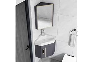 Yclty Corner Bathroom Vanities Cabinet with Ceramic Sink & Mirror Cabinet, Wall Mounted Bathroom Vanity Sink Set for Small Space (Grey, 38 * 38cm/15 * 15in)