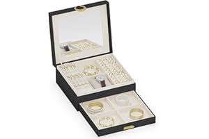 ADEL DREAM Portagioie a 2 ripiani, con vassoio estraibile, con grande specchio con struttura fai da te, per collane, anelli, orecchini, mamme e ragazze, colore nero