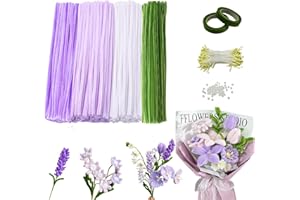 FIVAVA Pfeifenreiniger zum Basteln,500 Stück Pfeifenputzer Set 4 Farben,Pfeifenreiniger zum Basteln mit 300 Stück Staubgefäße,Blumendraht,Geschenkband für DIY Blumenstrauß Dekorationen (Violett)