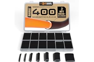 BAURIX® Kit de gaine thermorétractable 400 pièces - Rapport de rétraction 3:1 - Assortiment de tube thermorétractable étanche avec couche intérieure de colle chaude - IP67 - longueur tube 45 mm